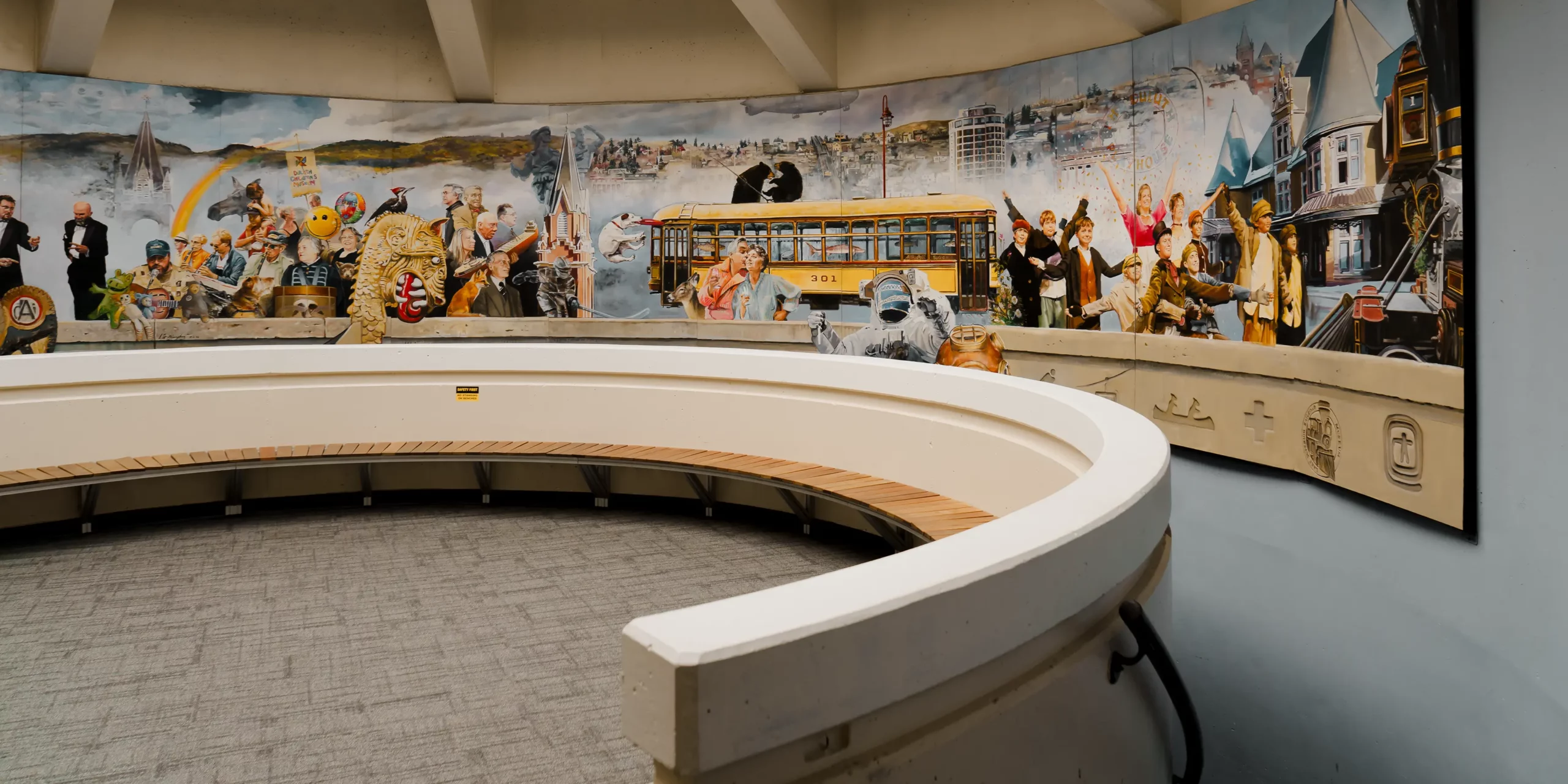 Mural and seating area located in the Saint Louis County Depot